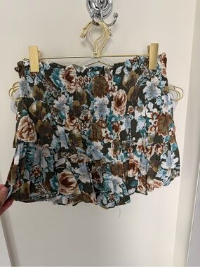 Floral Smocked Mini Skirt in Brown & Teal